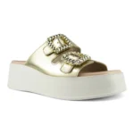 Tamanco Papete Beira Rio Flatform com Maxi Fivelas de Strass Dourado - Imagem 2